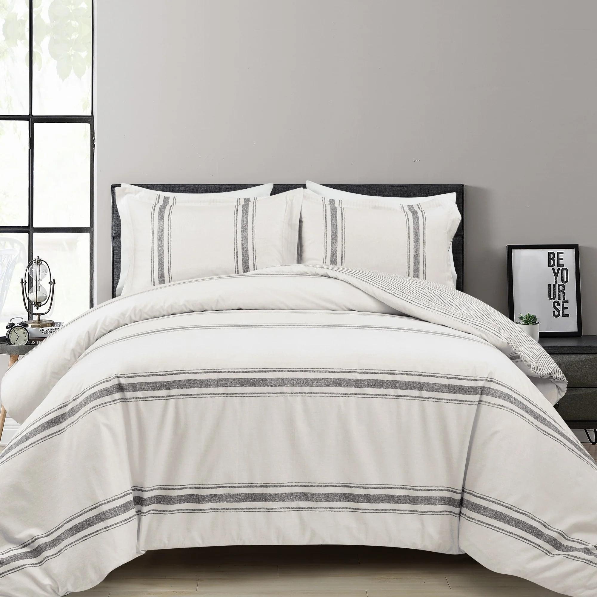 Gray Cotton Full/Queen Farmhouse Stripe Reversible Duvet Cover Set