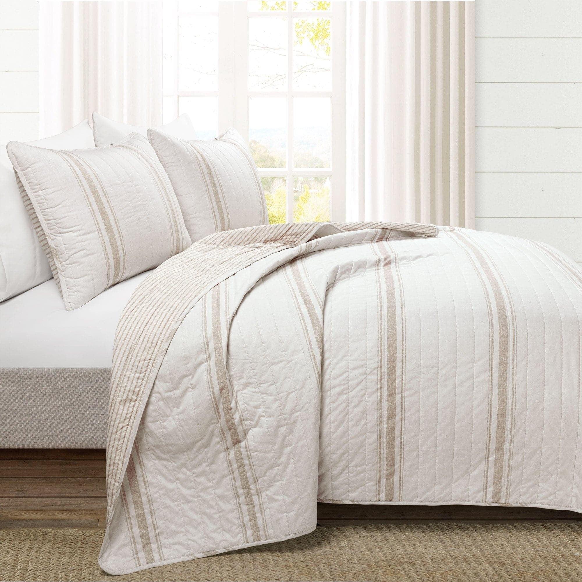 Farmhouse Stripe King Cotton Quilt Set in Neutral - Reversible