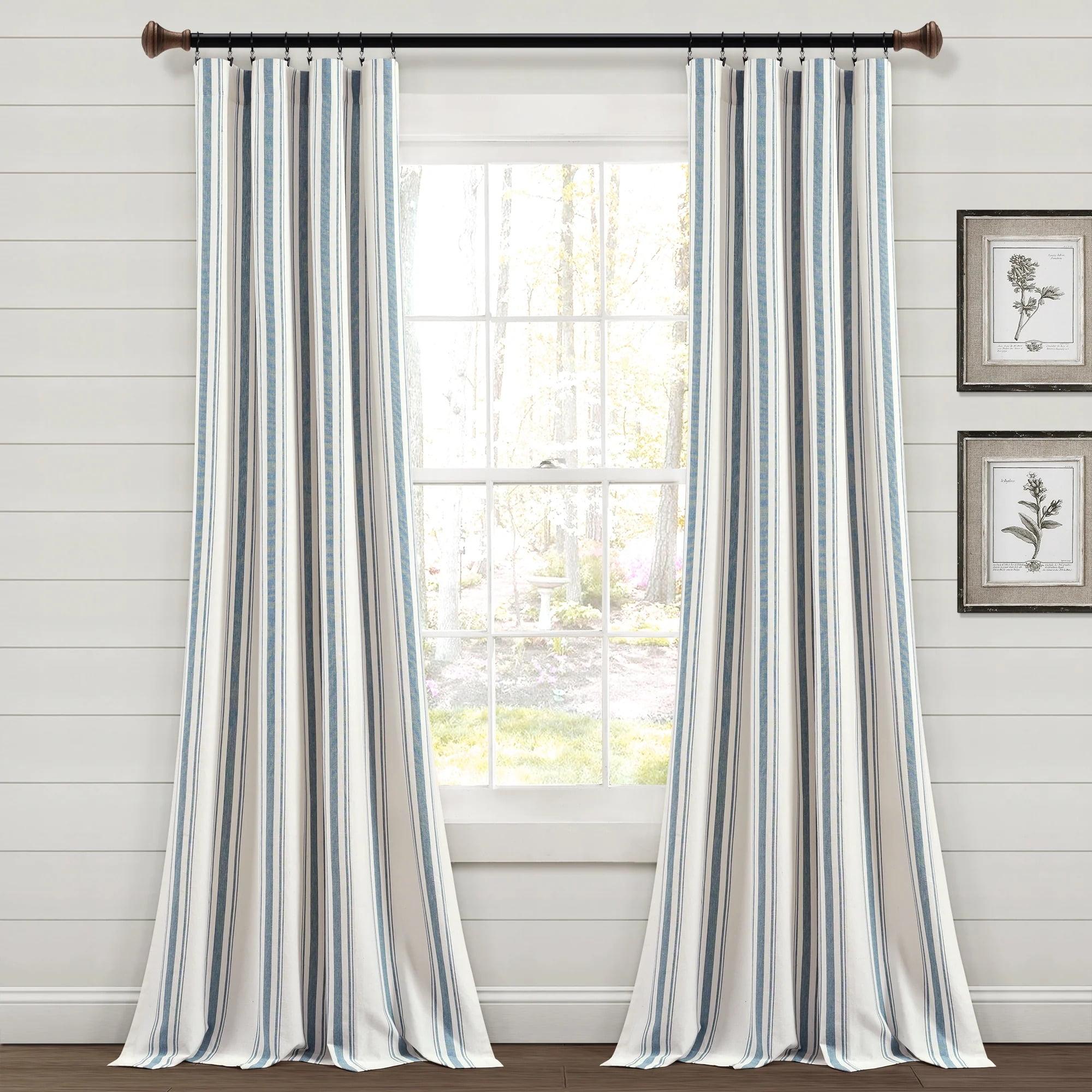 Blue Striped Cotton Light-Filtering Rod Pocket Curtain Panels