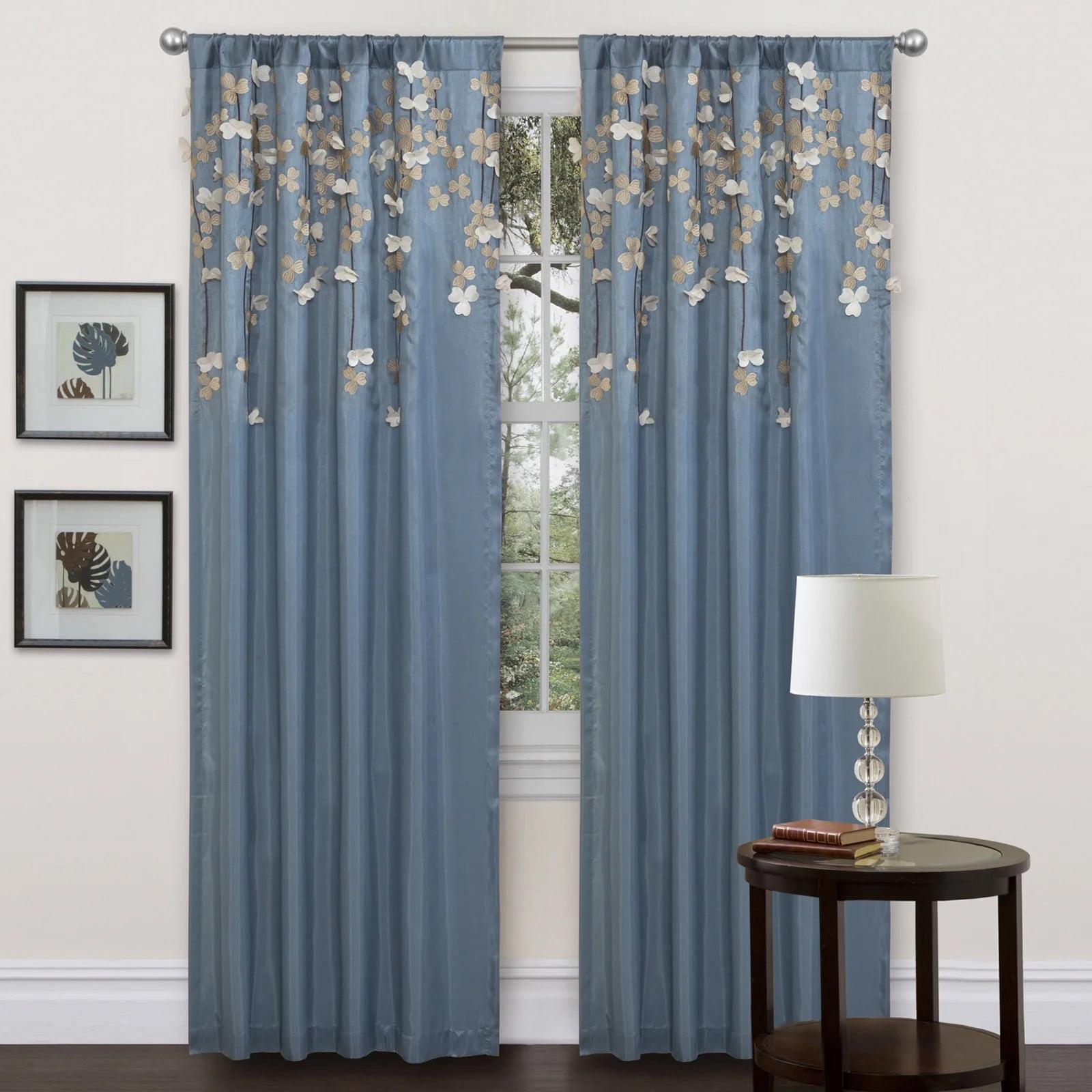 Blue Ivory Faux Silk Light-Filtering Floral Window Curtain