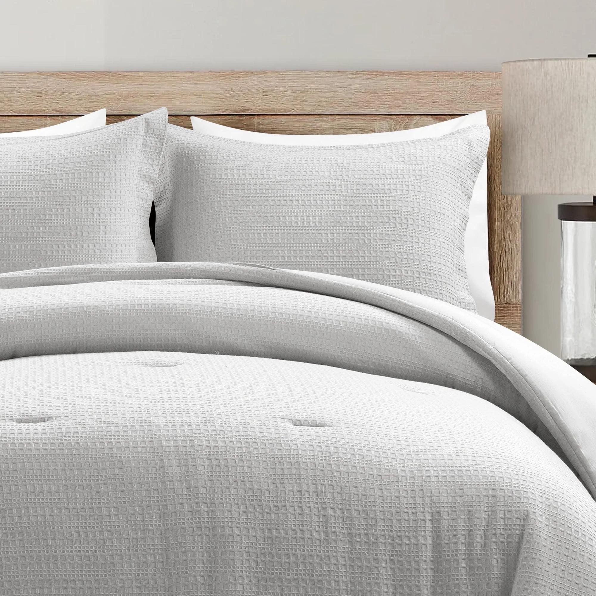 Lush Décor 3pc Full/Queen Haniya Solid Waffle Woven 100% Textured Comforter Set Gray: Includes Pillow Shams, Machine Washable