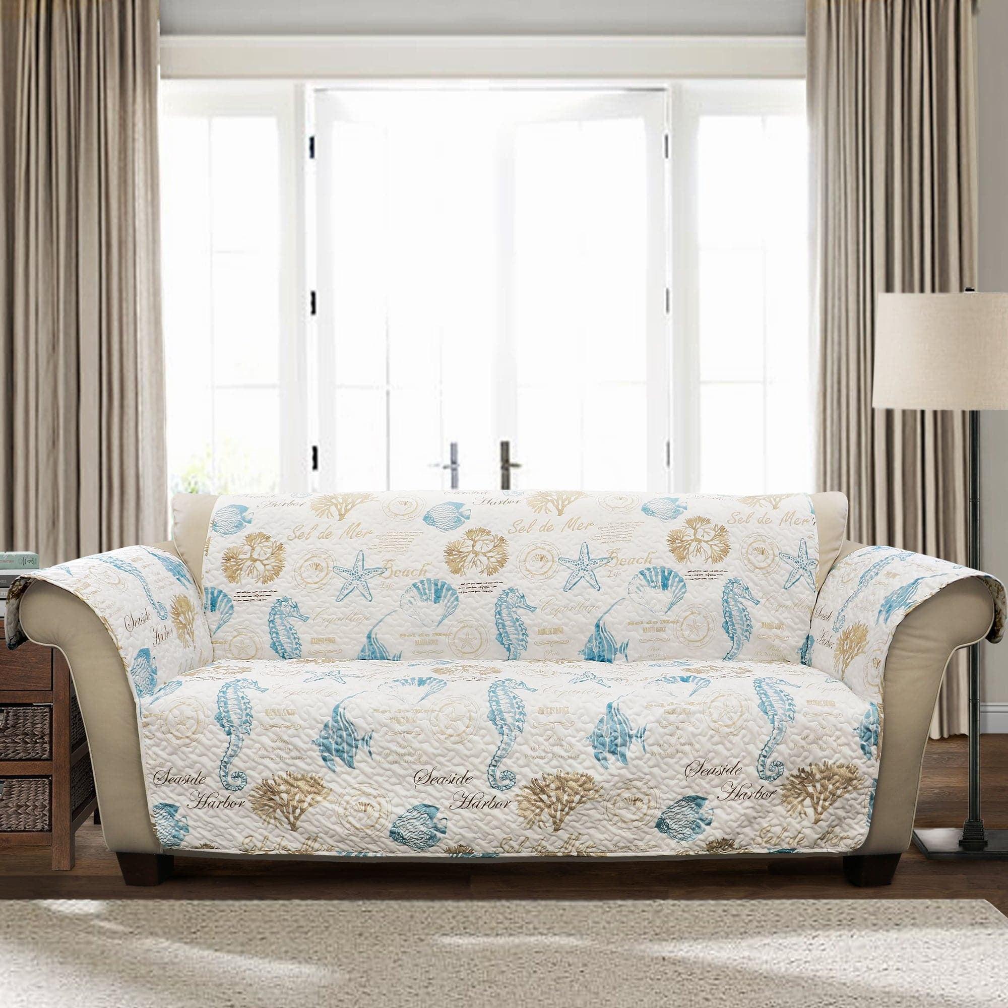 Harbor Life Blue and Taupe Coastal Loveseat Slipcover