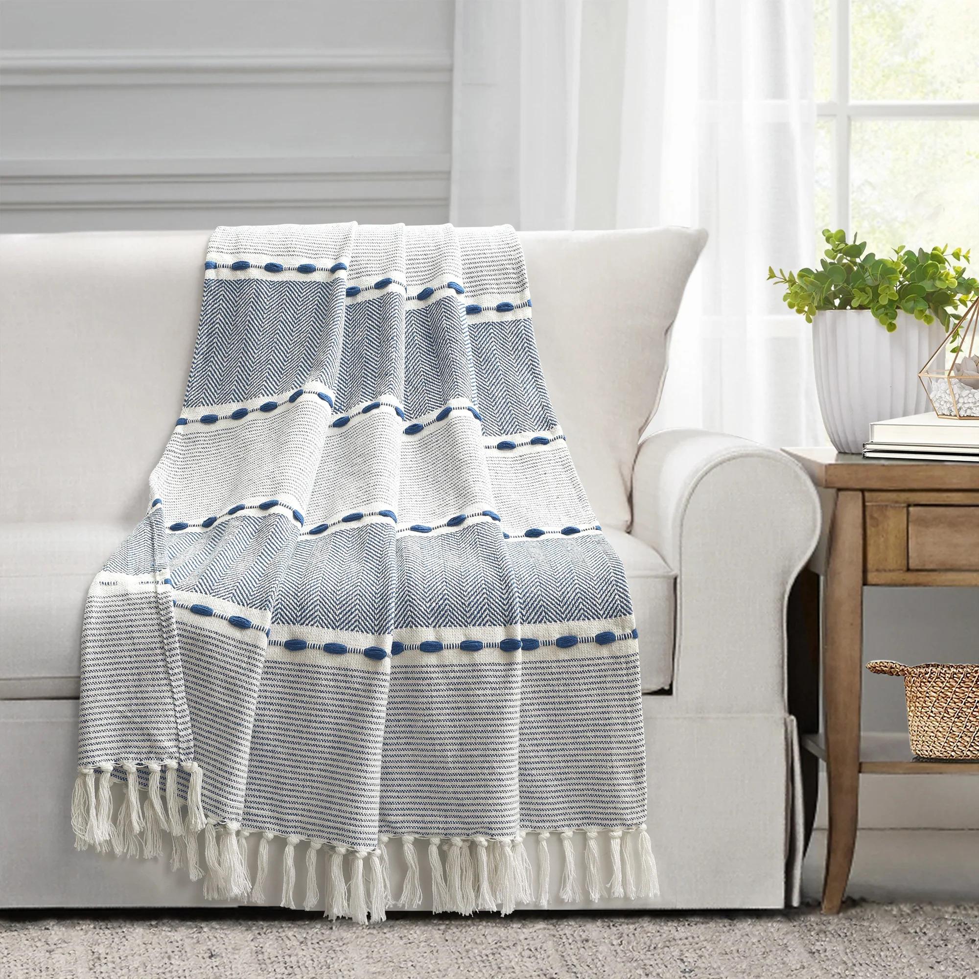 50"x60" Herringbone Striped Yarn Dyed Cotton Woven Throw Blanket with Tassels - Lush Décor