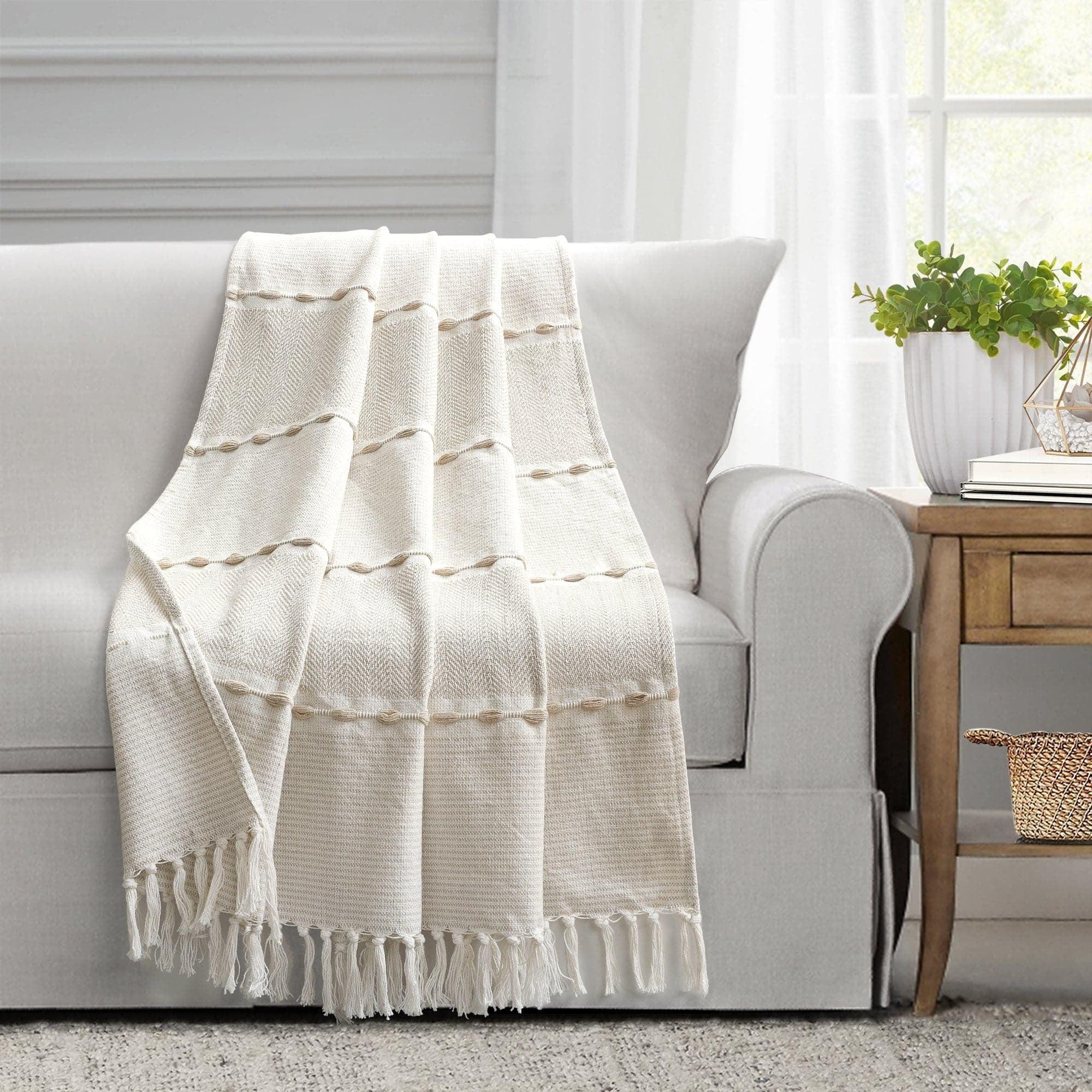 Neutral White Cotton Herringbone Tassel Throw Blanket