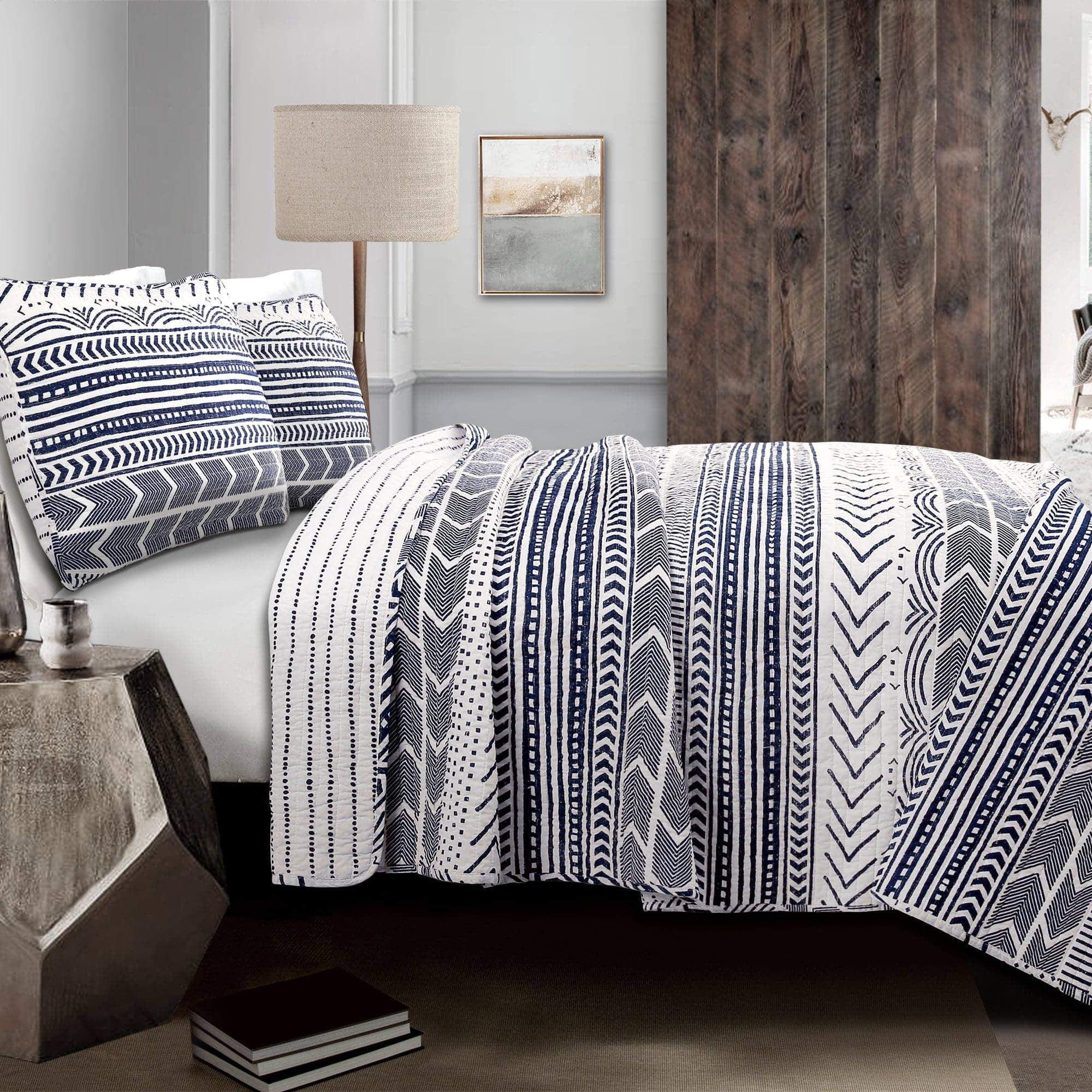 Lush Décor 3pc King Hygge Geo Reversible Quilt & Sham Set Navy/White: STANDARD 100 OEKO-TEX Certified