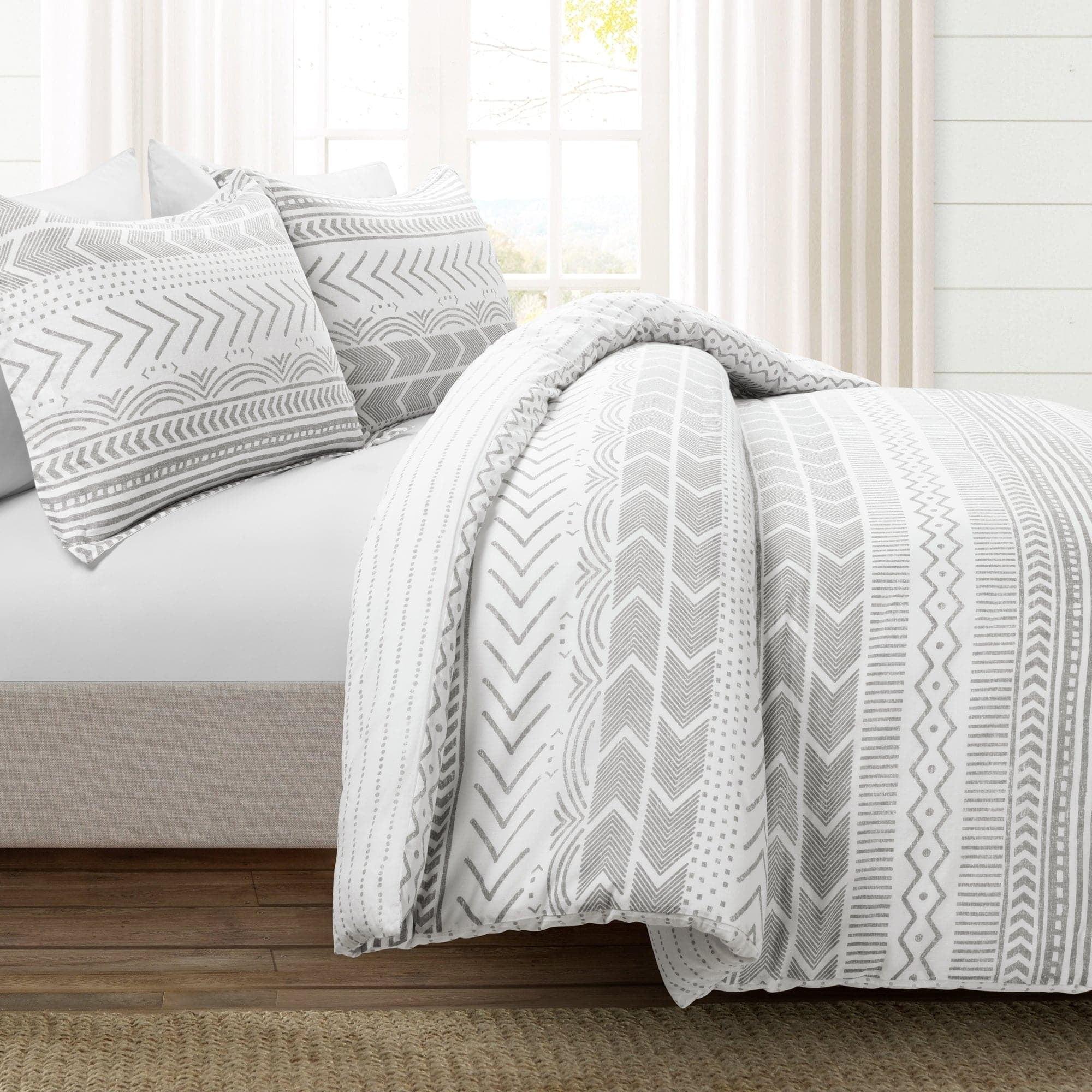 3pc King Hygge Geo Duvet & Sham Set Gray/White - Lush Décor: Cotton, Reversible, Inner Ties, 460 Thread Count