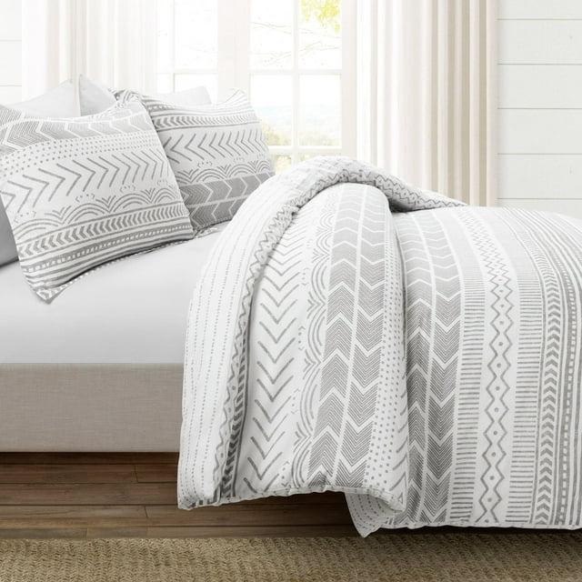 3pc King Hygge Geo Duvet & Sham Set Gray/White - Lush Décor: Cotton, Reversible, Inner Ties, 460 Thread Count