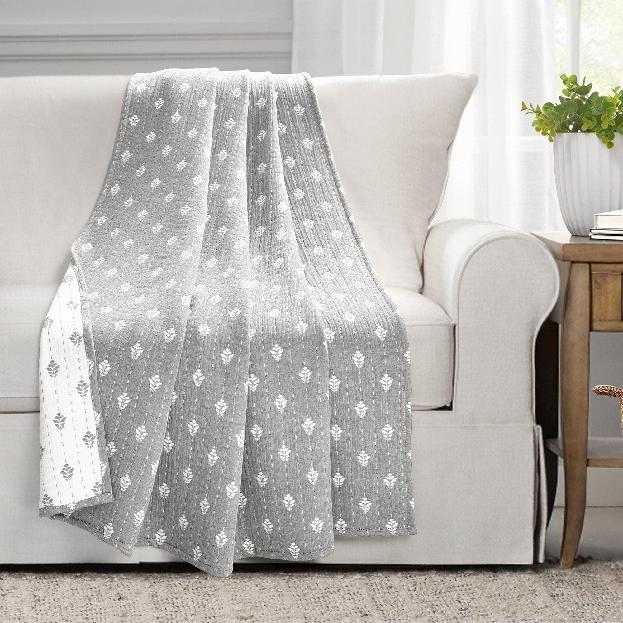 Gray and Off-White Reversible Cotton Jacquard Throw Blanket 60" x 50"