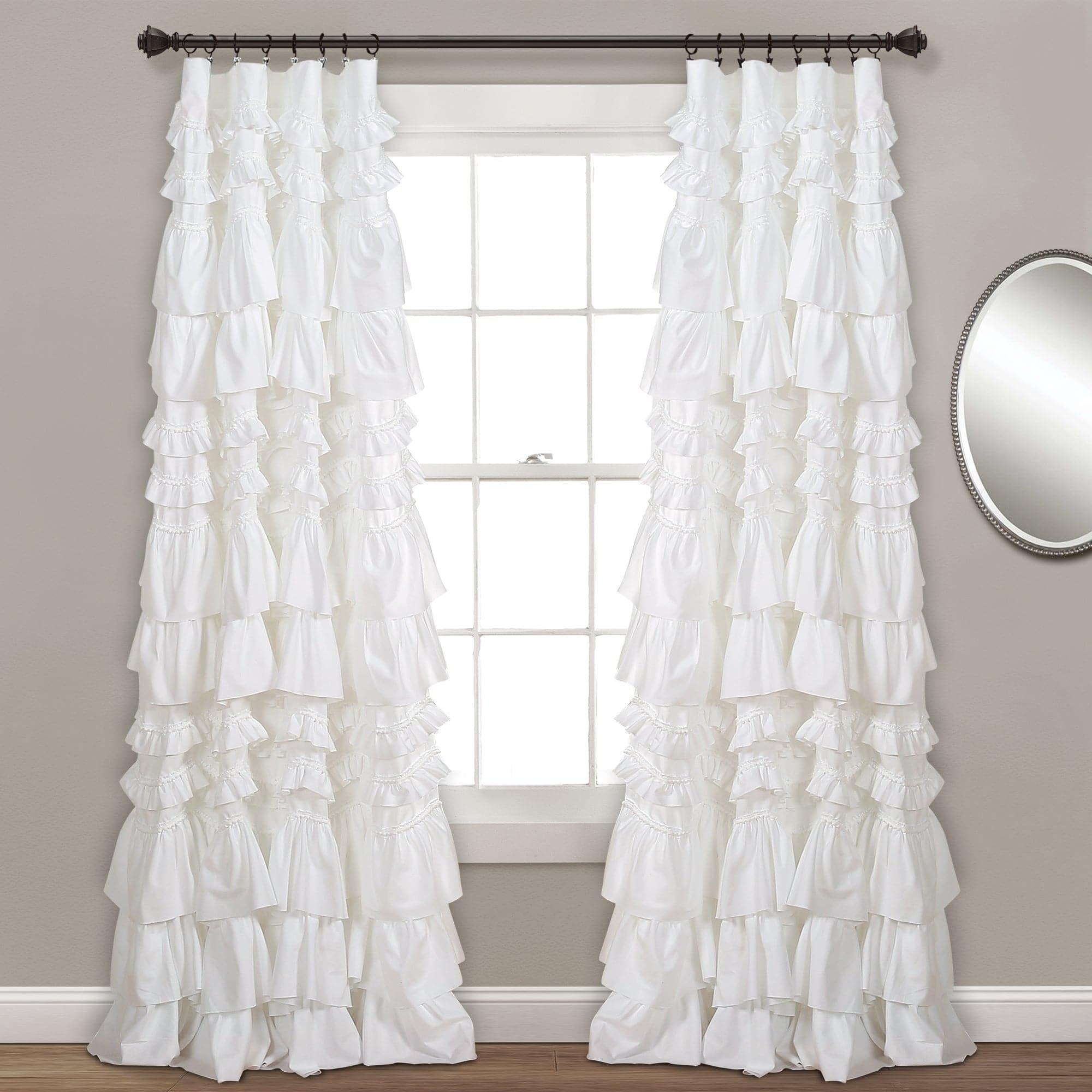 Kemmy White Ruffled Light-Filtering Polyester Curtain Panel