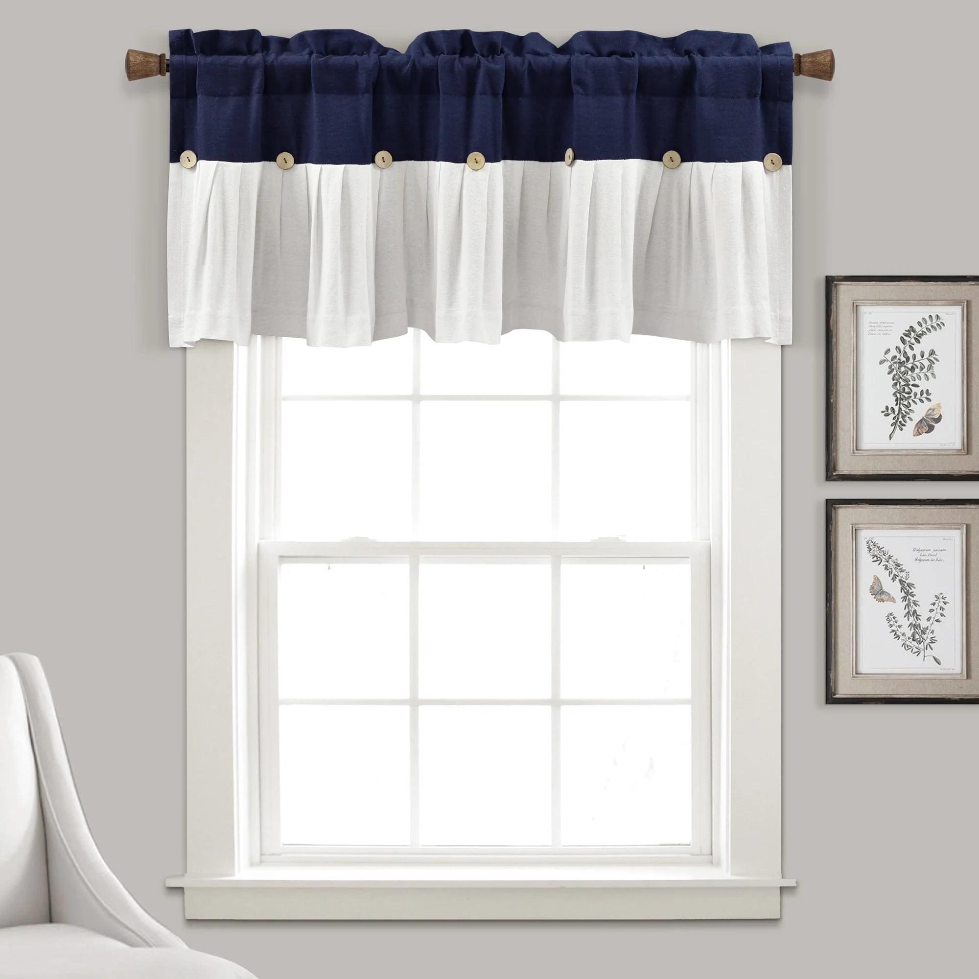 18"x52" Farmhouse Linen Button Window Valance Navy/White - Lush Décor: Classic Cotton & Linen Rod Pocket