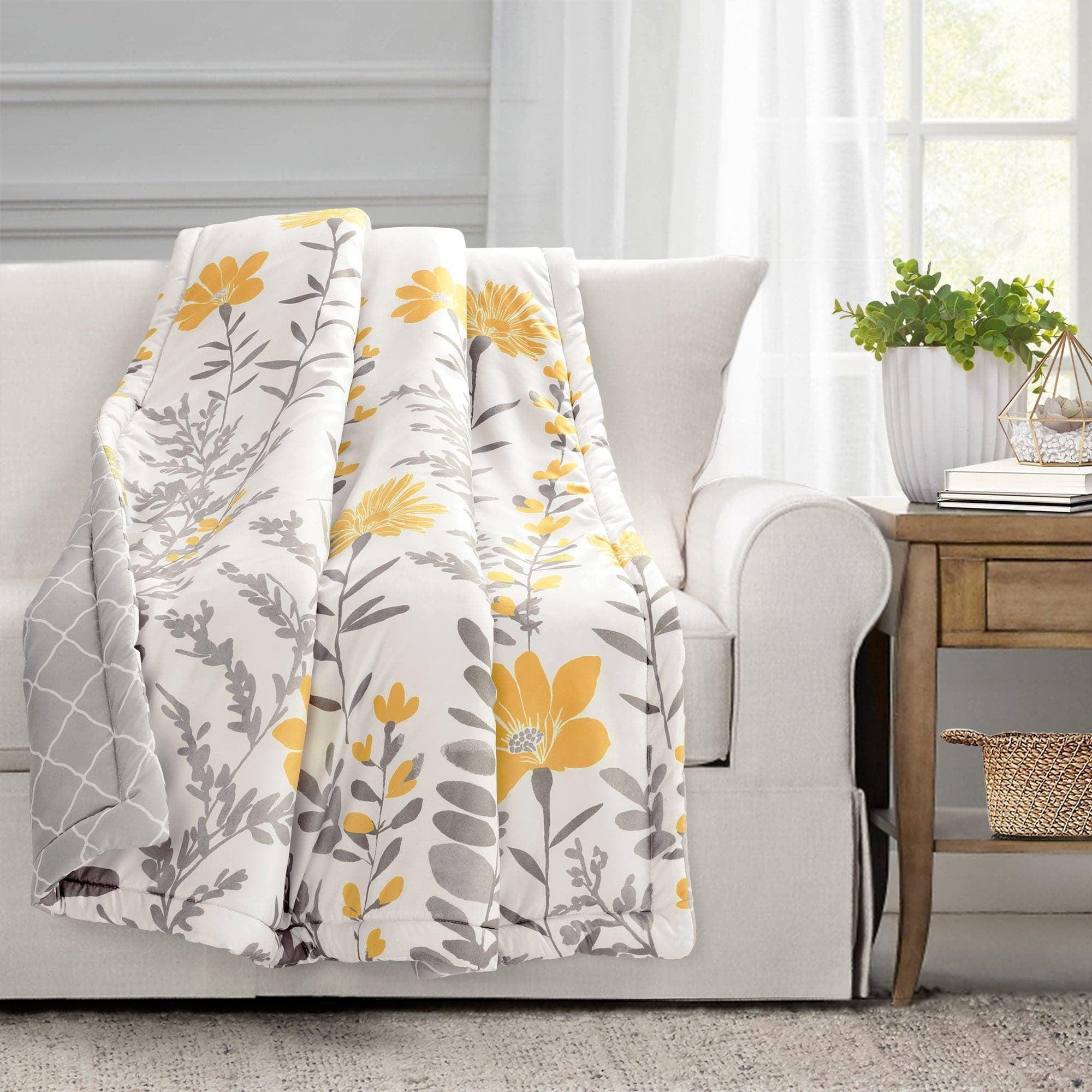 Yellow and Gray Floral Reversible Cotton Throw Blanket