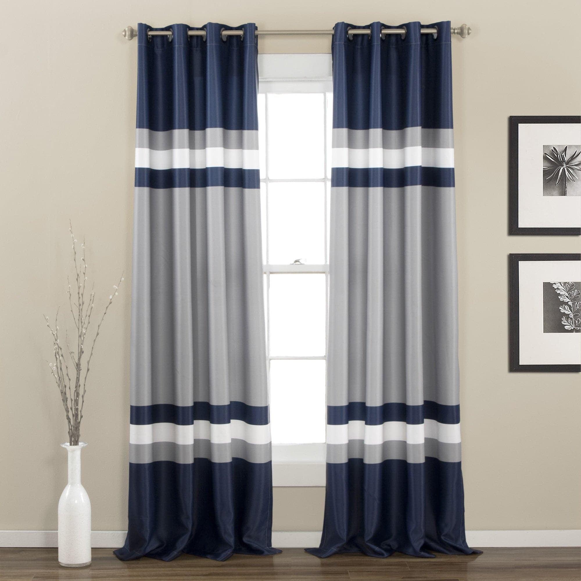 Navy and Gray Stripe Blackout Grommet Curtains, 52"W x 84"L