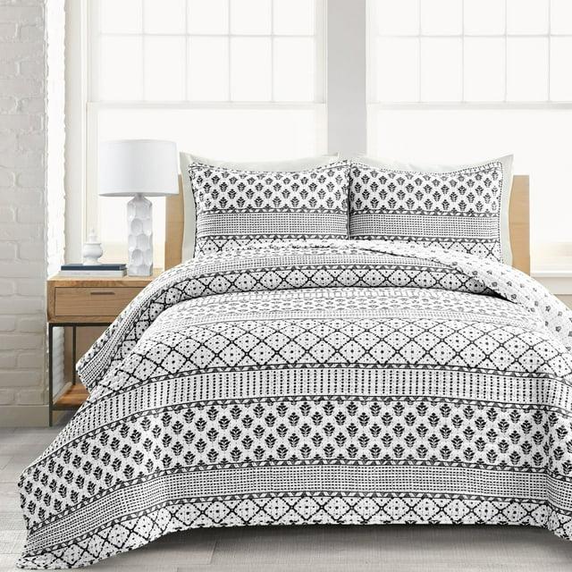 Full Queen 3pc Monique Stripe Quilt Set Black/White - Lush Décor: Microfiber, Reversible, Machine Washable