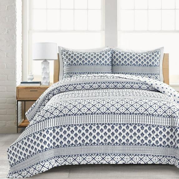 Full/Queen 3pc Monique Stripe Quilt Set  Navy/White - Lush Décor