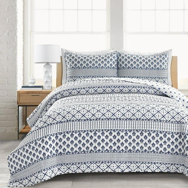 Full/Queen 3pc Monique Stripe Quilt Set  Navy/White - Lush Décor
