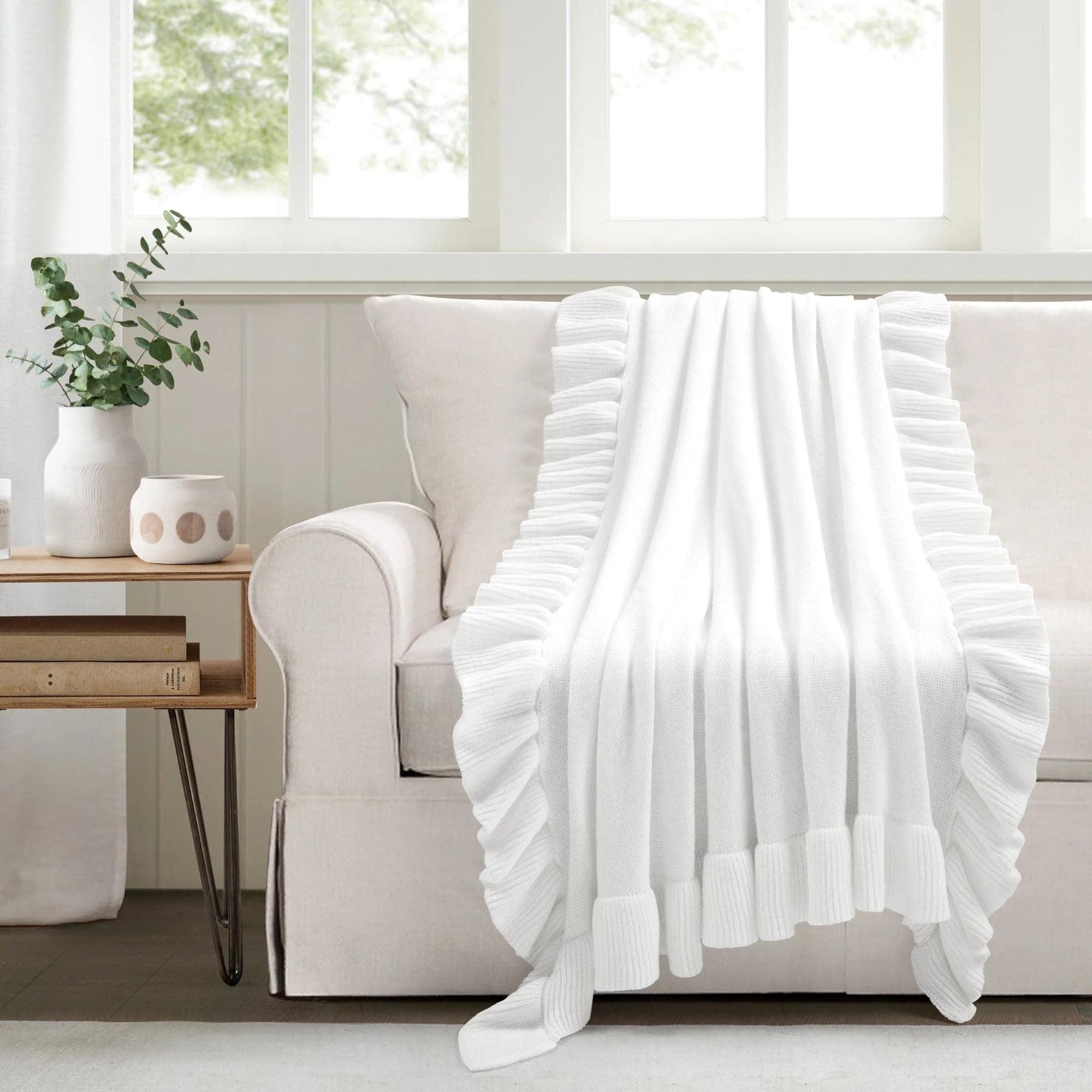 Reyna White Knitted Ruffle Throw Blanket 50" x 60"