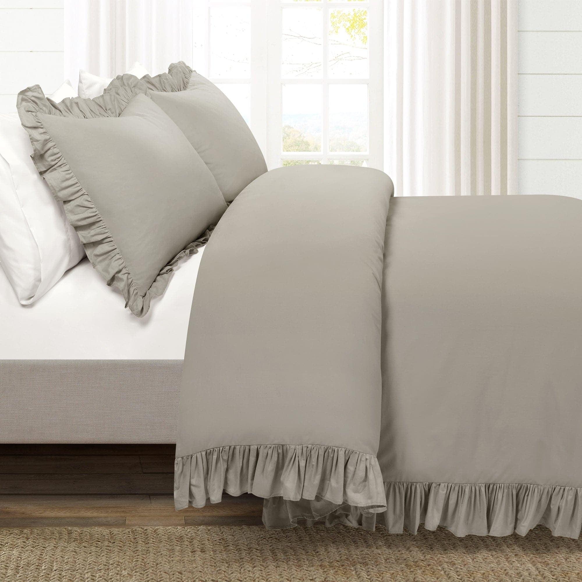 King Gray Cotton Ruffled Duvet Cover Set