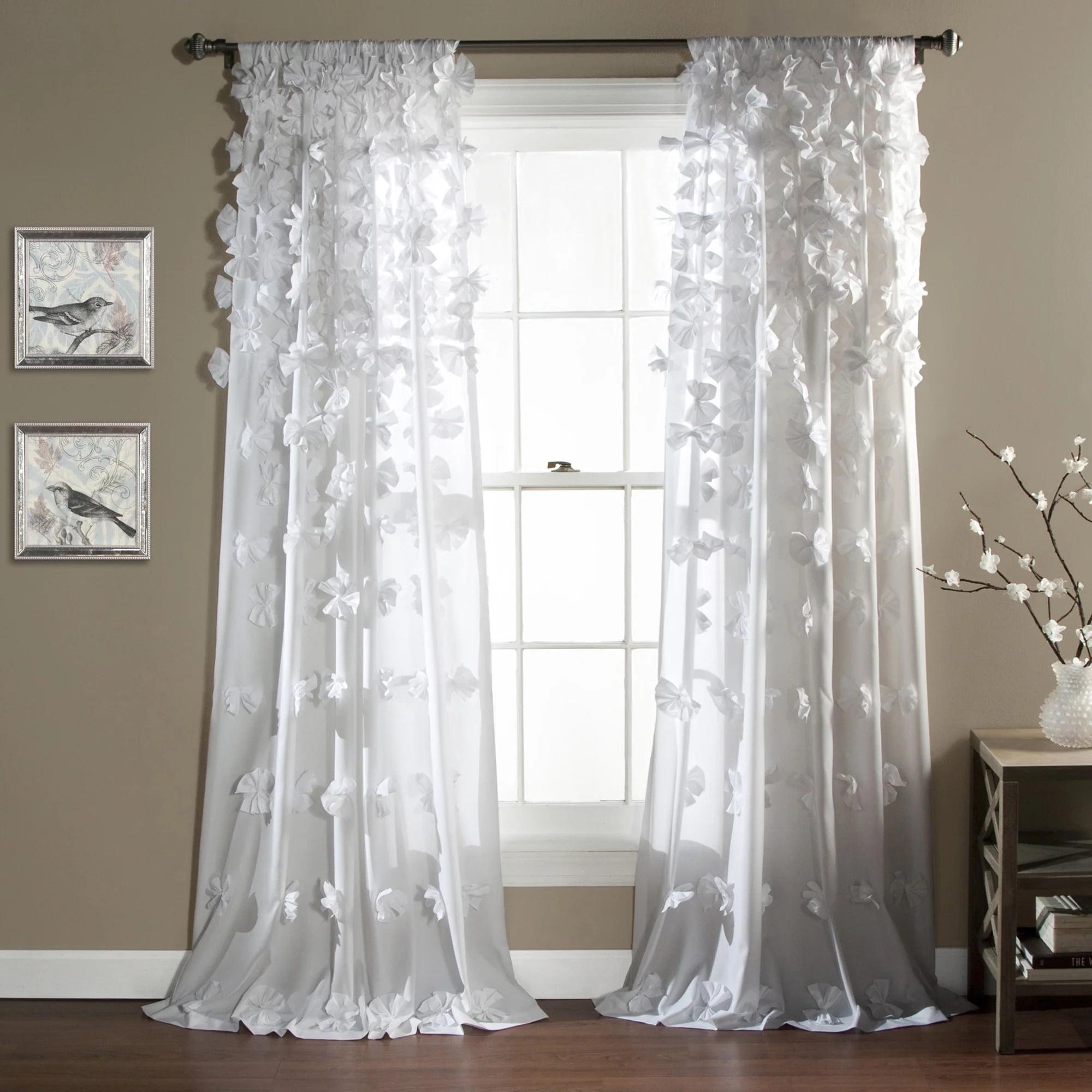 White Polyester Semi Sheer Curtain Panel with Handmade Bows