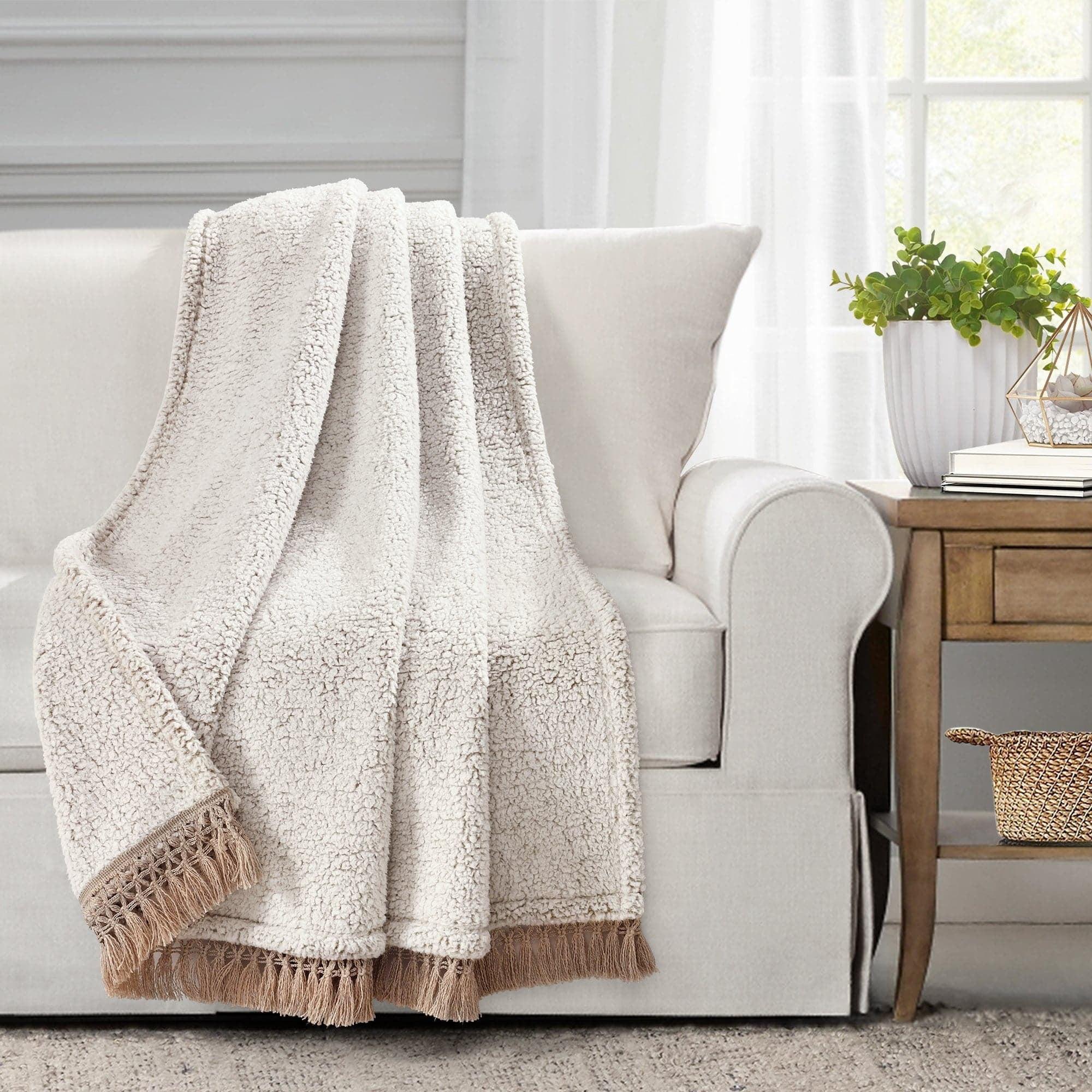 Cozy Sherpa Tassel Fringe Reversible Throw Blanket, 60x50, Neutral