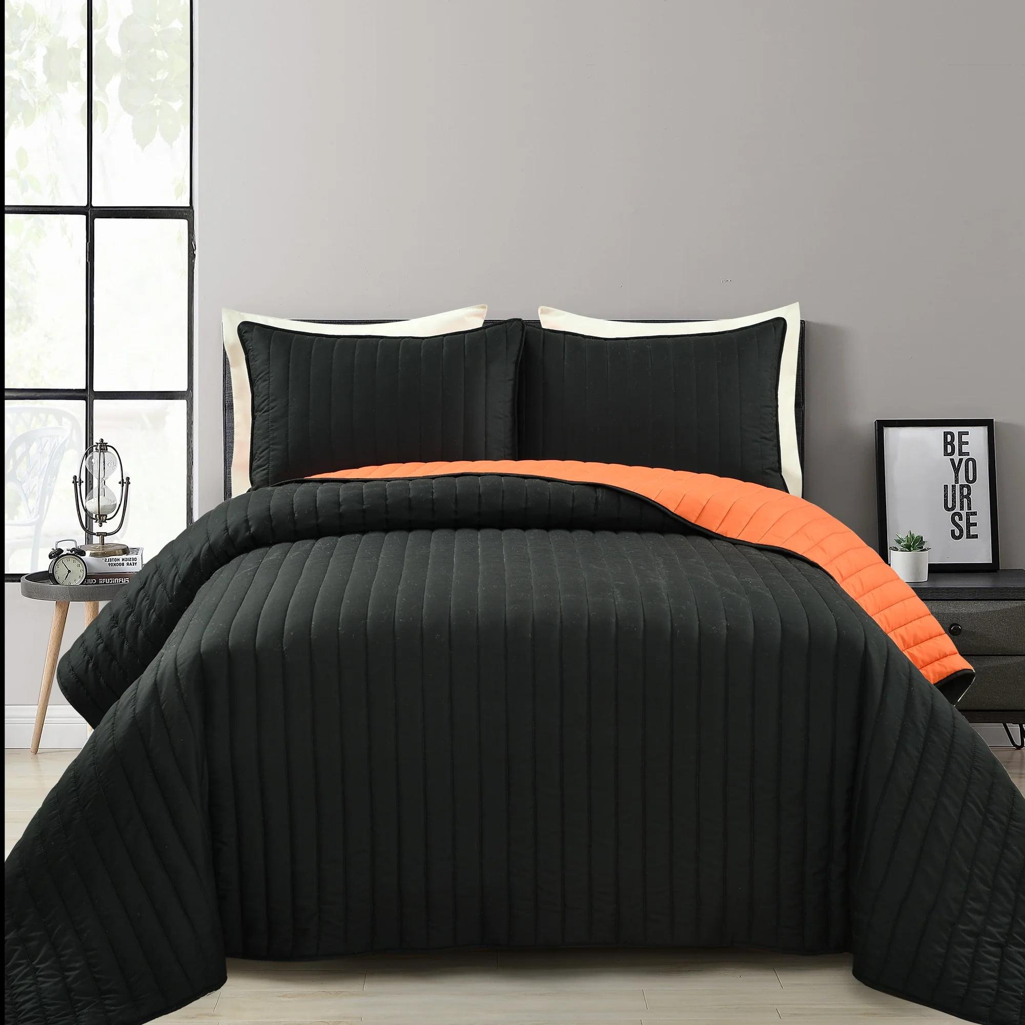 Reversible Black and Orange Microfiber Quilt Set Full/Queen Size