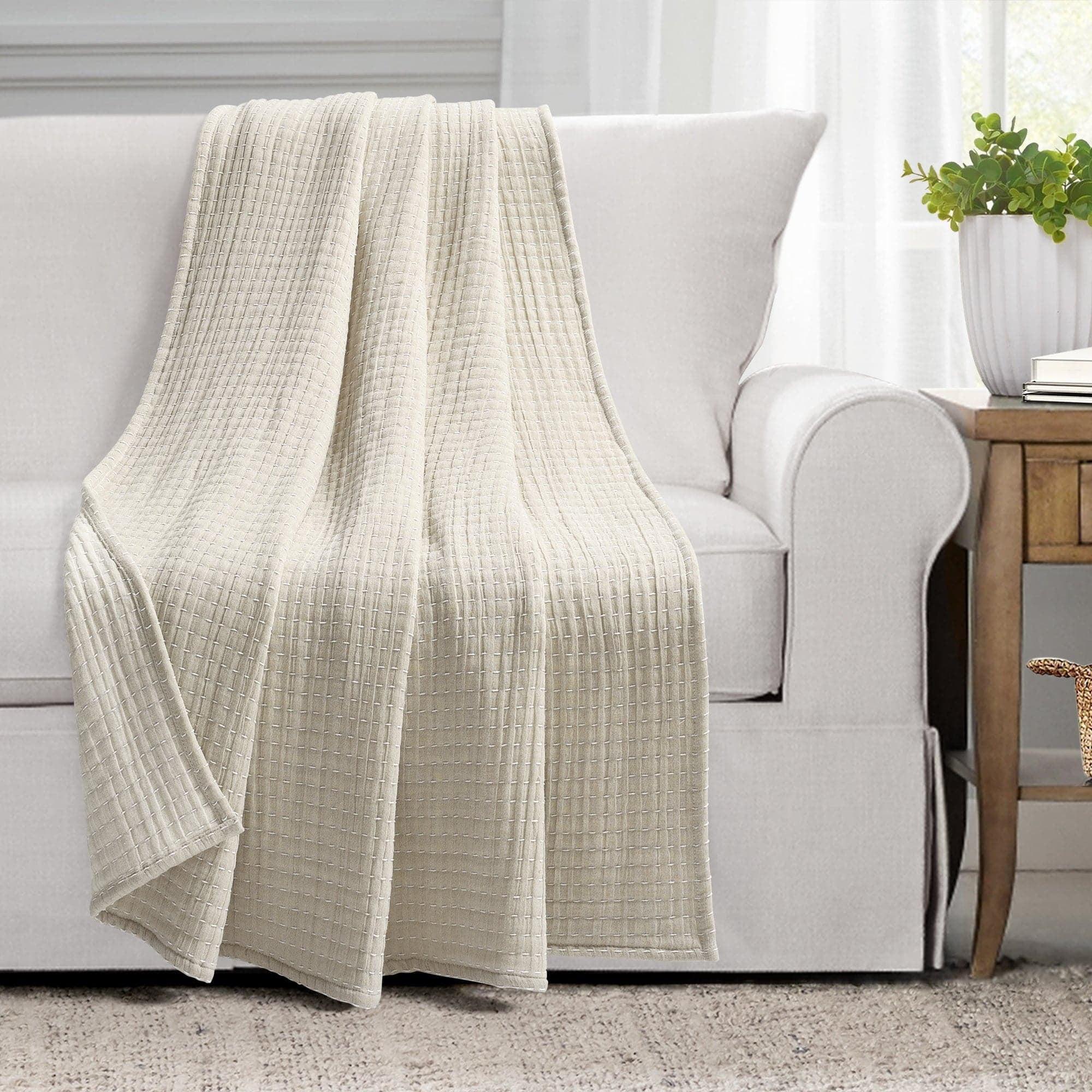 Neutral Off-White Cotton Woven Reversible Throw Blanket