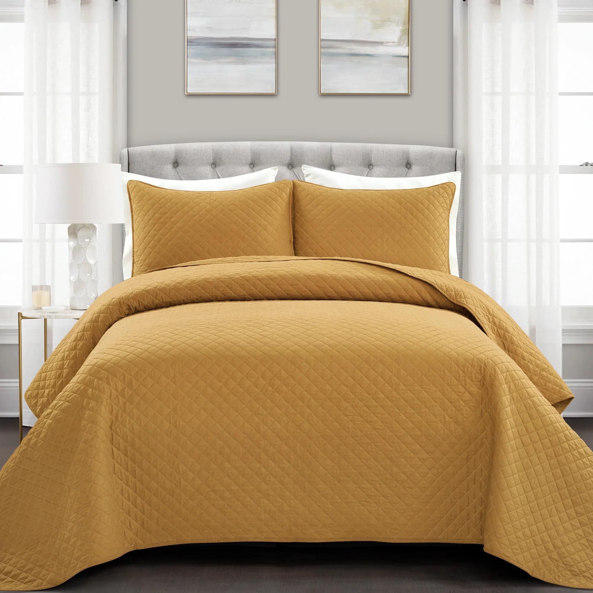 Lush Decor Solid Print Cotton Quilt Sets, Full/Queen, Yellow, 3-Pieces