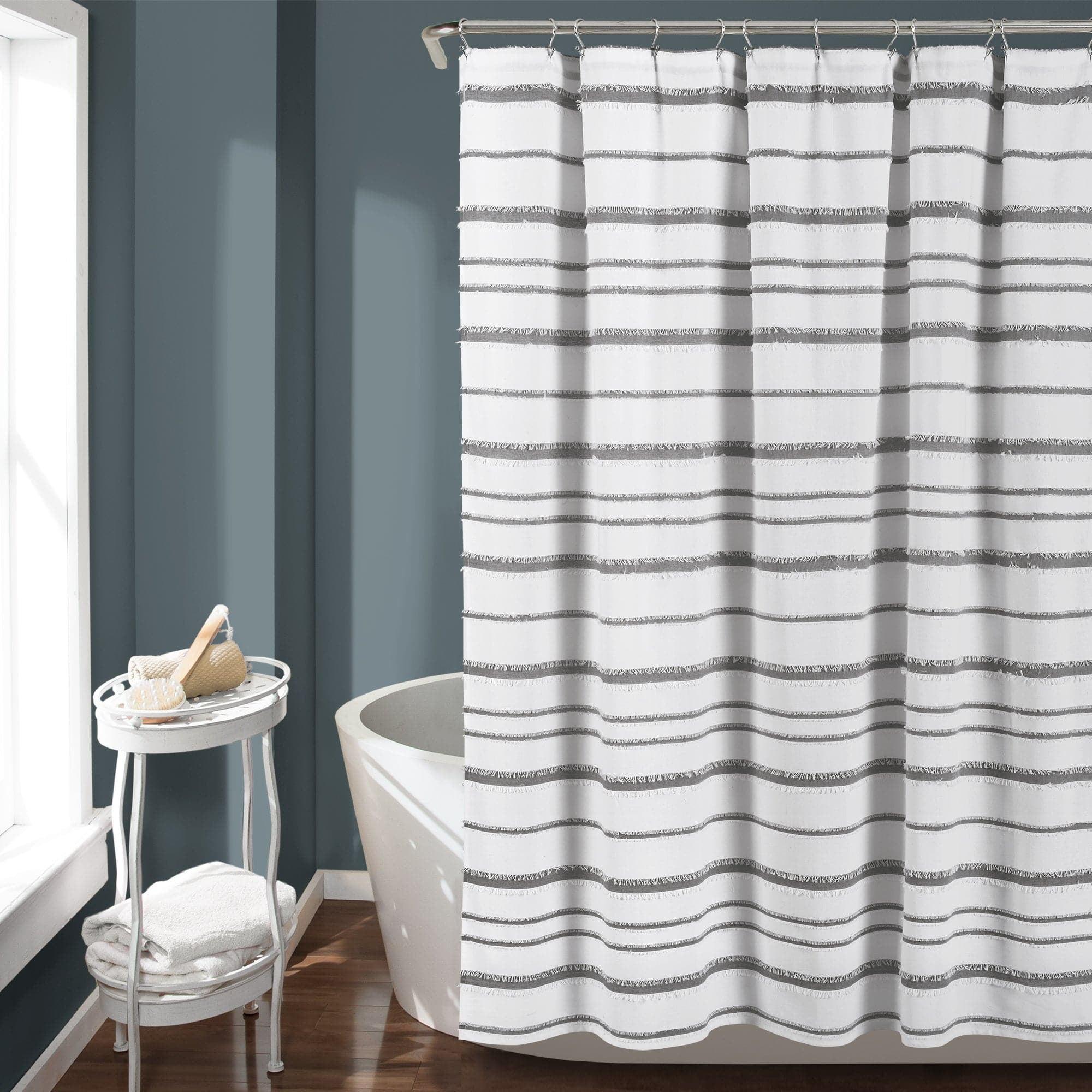 Gray and White Striped Cotton Shower Curtain with Fringe