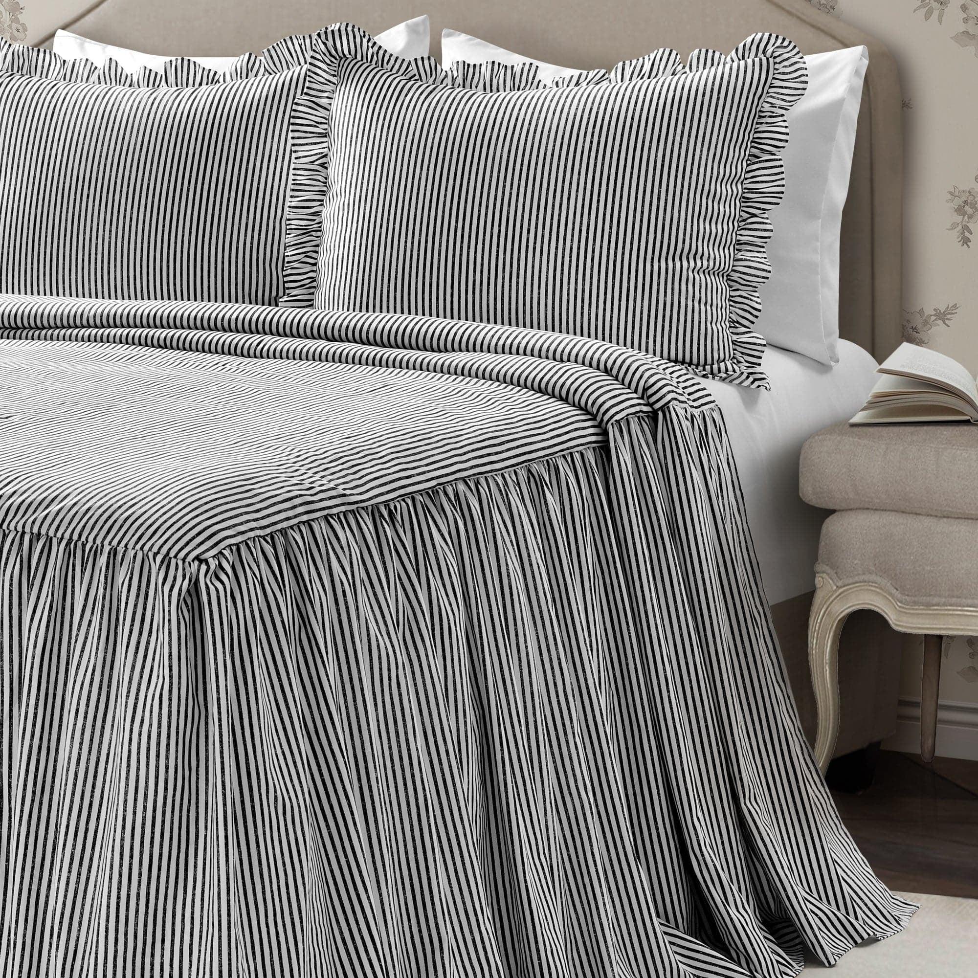 Black Twin Polyester Ticking Stripe Bedspread with Ruffled Edges