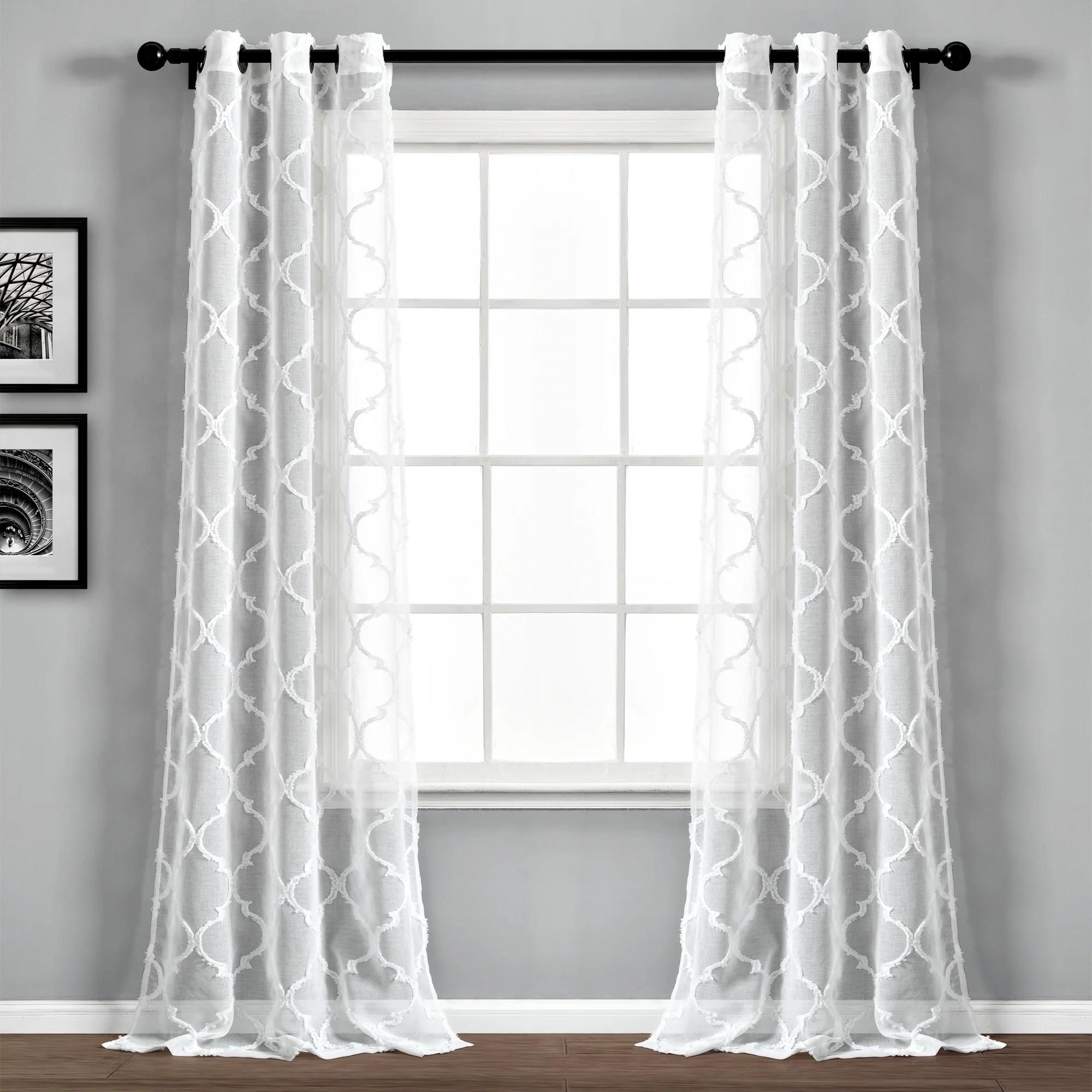 White Sheer Polyester Grommet Trellis Window Curtain Panel Pair