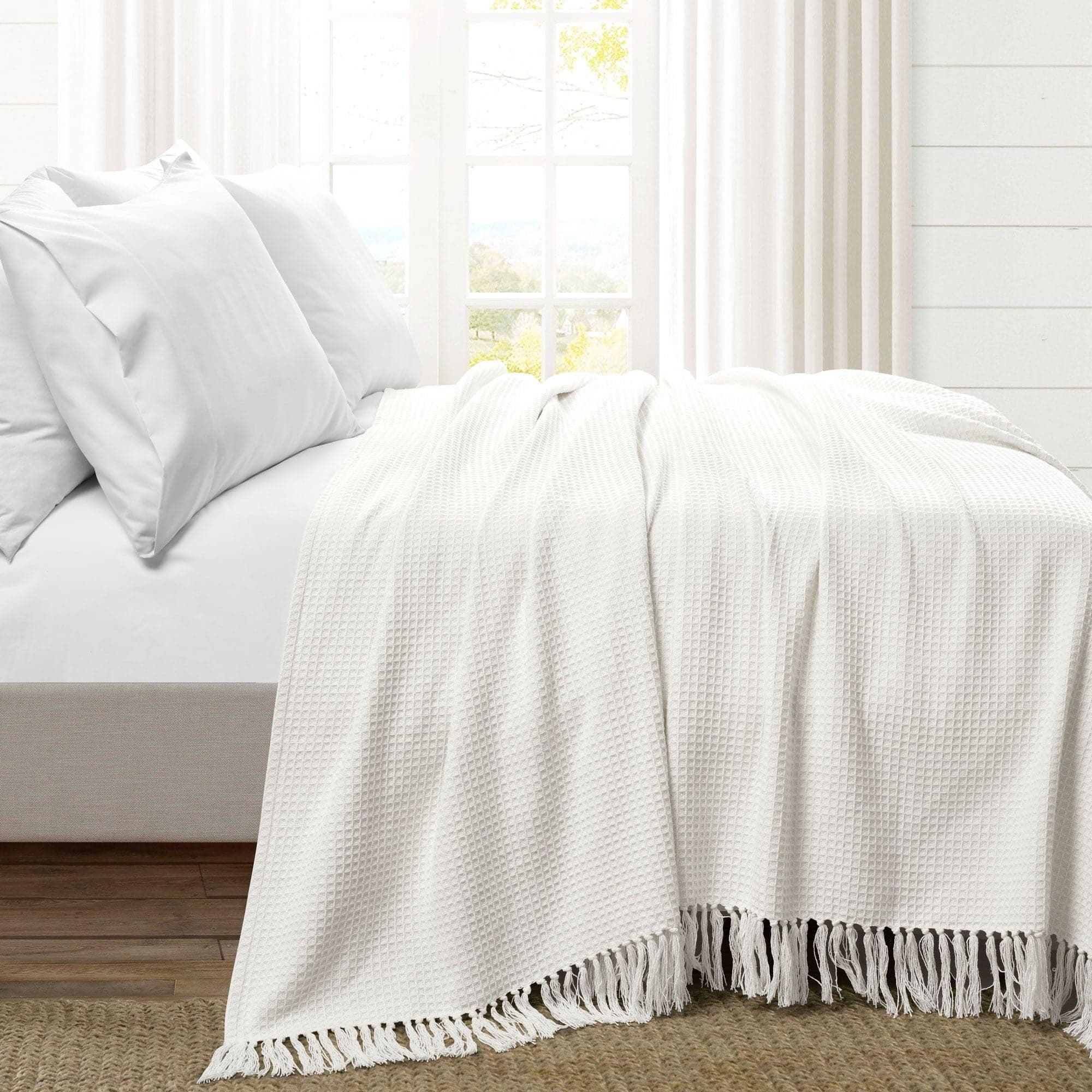 King White Cotton Waffle Knit Throw Blanket with Tassels