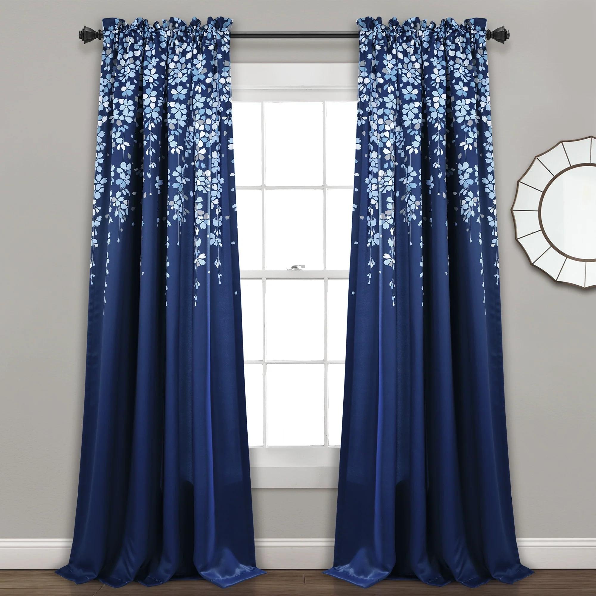 Lush Decor Weeping Flower Bright Colorful Floral Print 3" Rod Pocket Room Darkening Window Curtain Panel, Navy, 95"L x 52"W + 2" Header, Set of 2