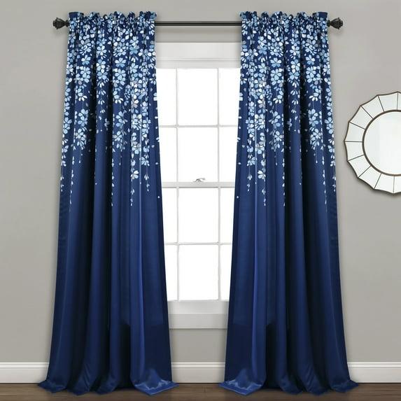 Lush Decor Weeping Flower Bright Colorful Floral Print 3" Rod Pocket Room Darkening Window Curtain Panel, Navy, 95"L x 52"W + 2" Header, Set of 2