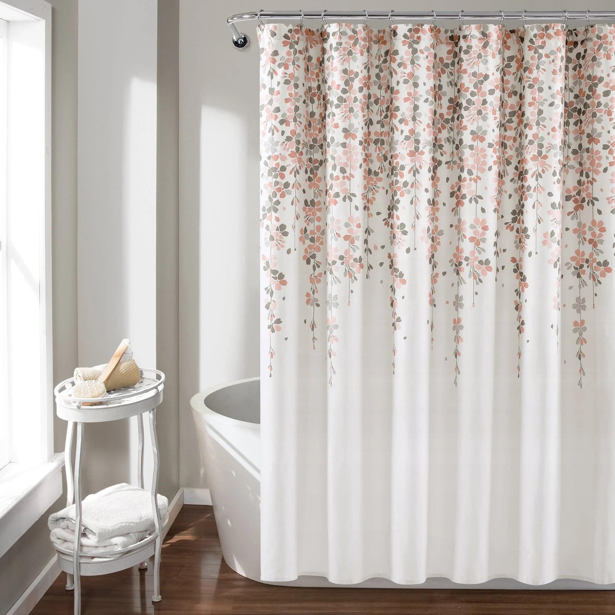 Blush and Gray Floral Microfiber Shower Curtain, 72x72