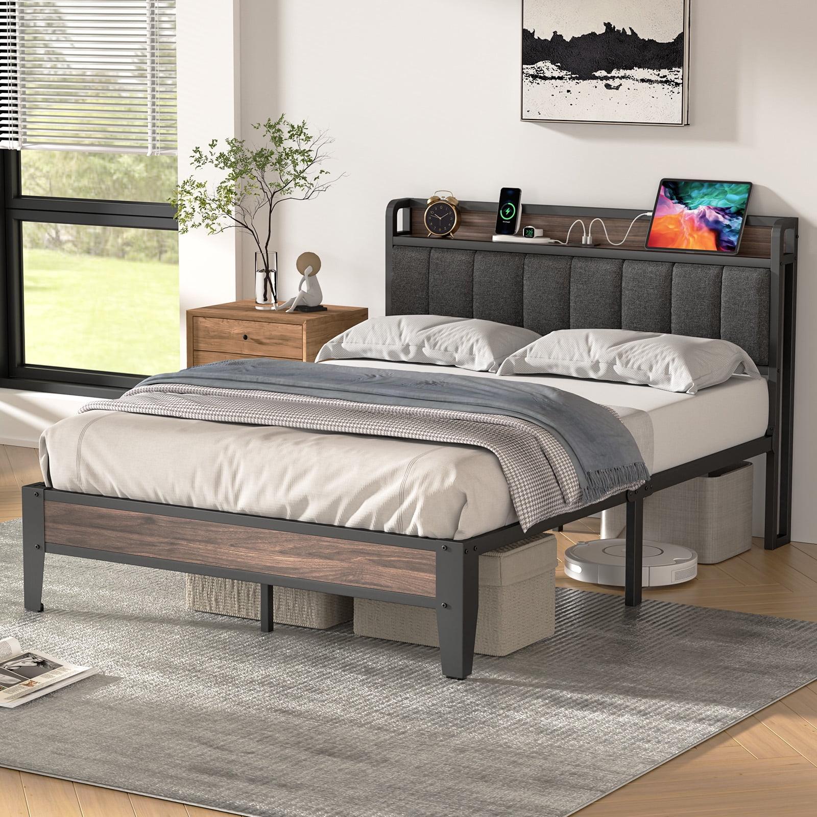 Ebern Designs Upholstered Bed Frame with Charging Station and Storage Headboard