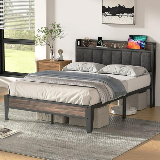 Ebern Designs Upholstered Bed Frame with Charging Station and Storage Headboard
