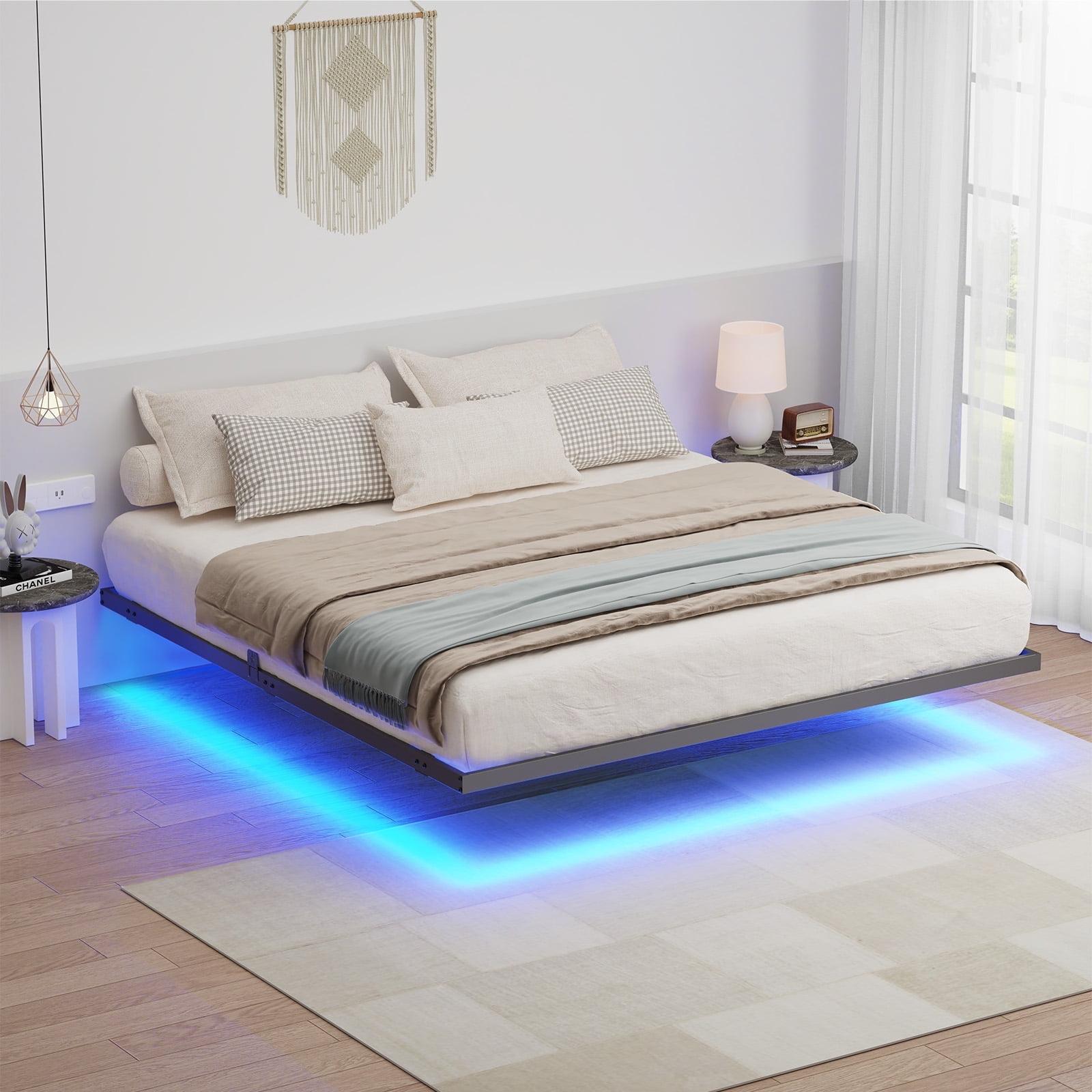 Floating Bed Frame With Led Lights Metal Platform Bed, No Squeak