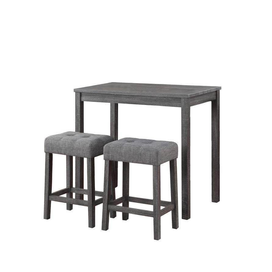 Lux Gray Finish Wood 3 Piece 36" Pub Table Set with Tufted Gray Linen Stools