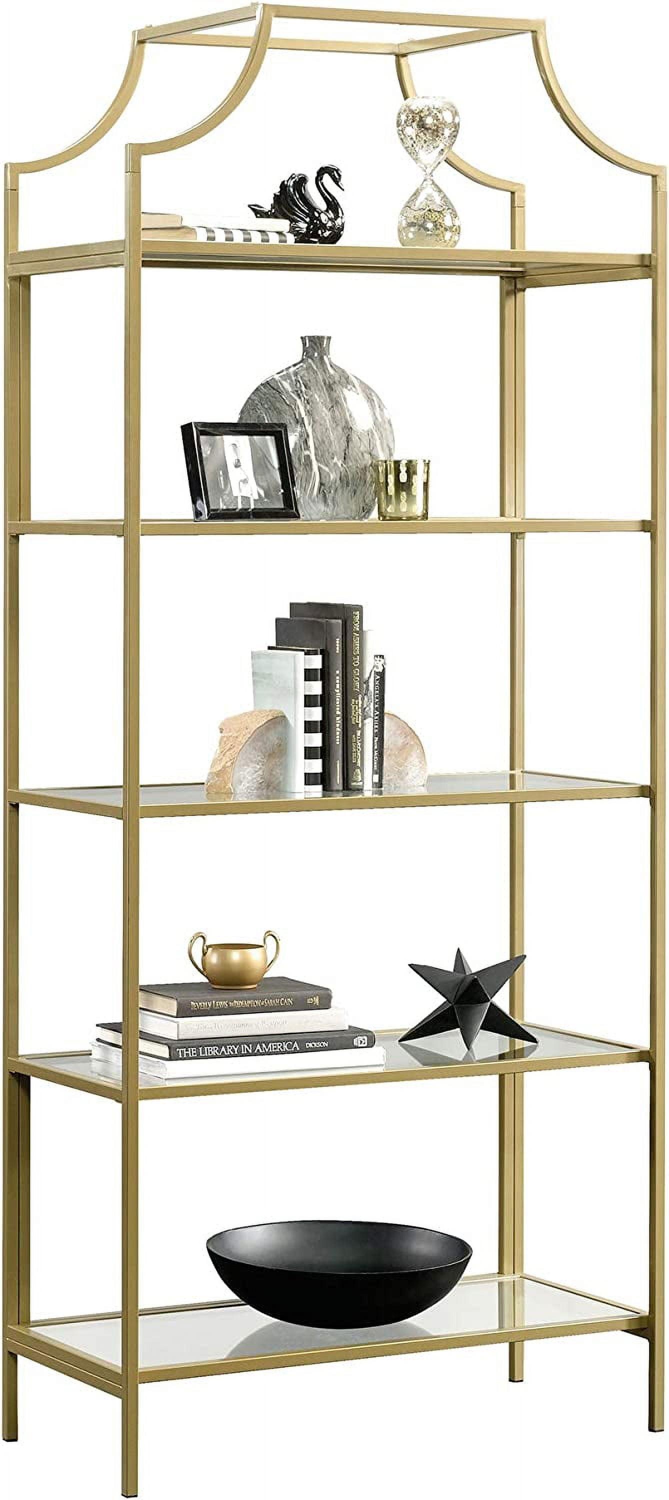 Satin Gold Regency-Inspired Metal and Glass 5-Tier Bookcase