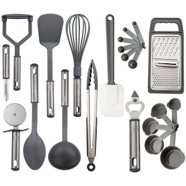 Lux Decor Collection 23 Pieces Cooking Utensils Set, Kitchen Utensils Sets of Nylon and Stainless Steel Utensils Set Pack of 1, Gray Utensils Set