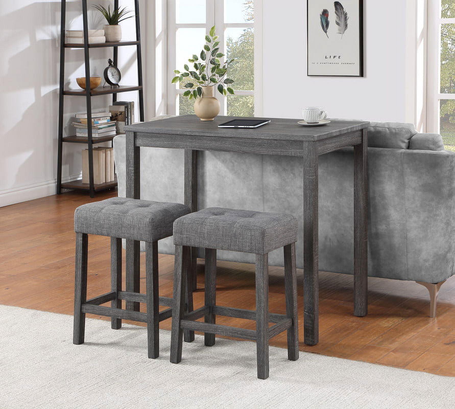 Gray Wood 3-Piece Counter Height Pub Table Set with Tufted Linen Stools