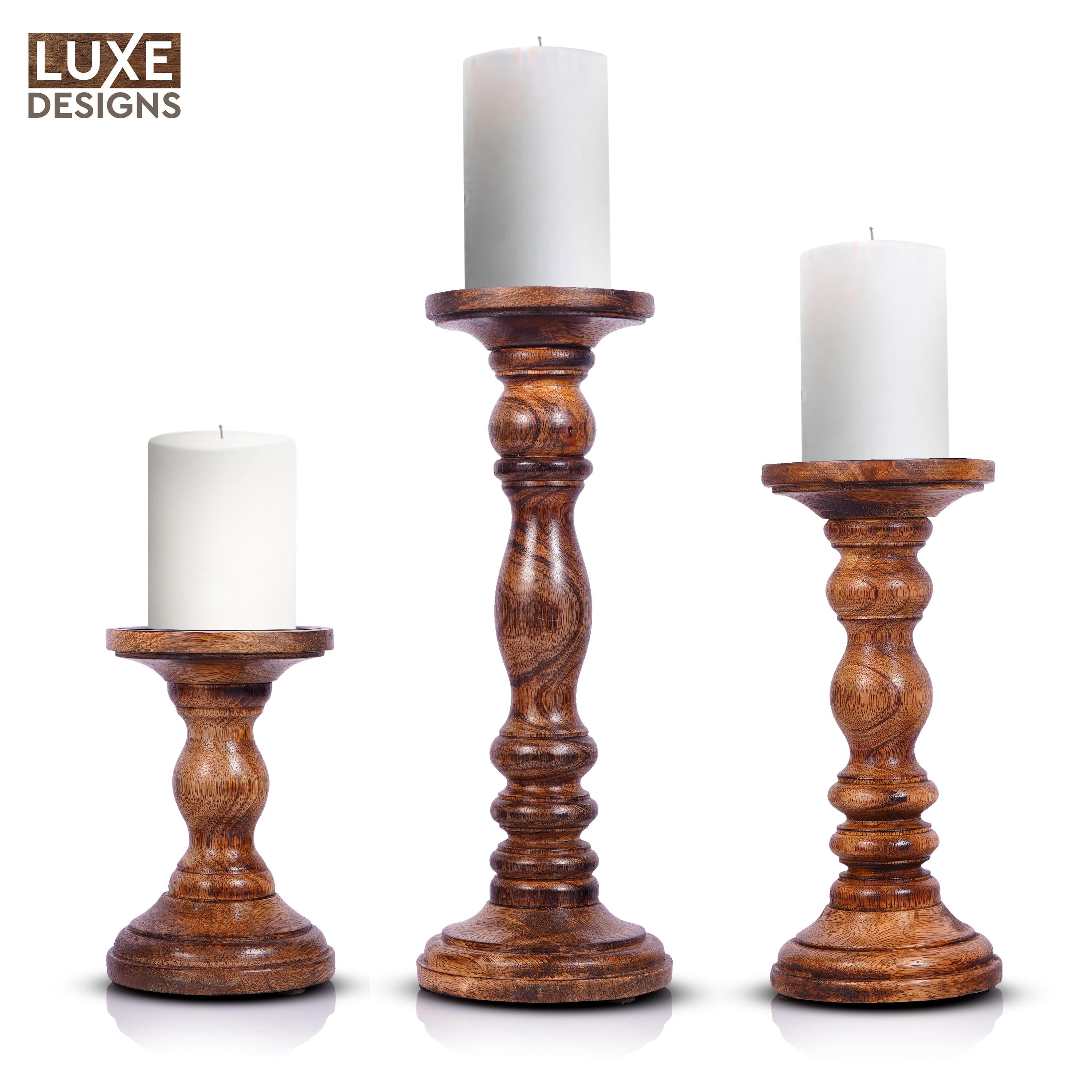 12'' Handcrafted Mango Wood Pillar Candle Holder Set – Rustic 3-Piece Set for LED Candles