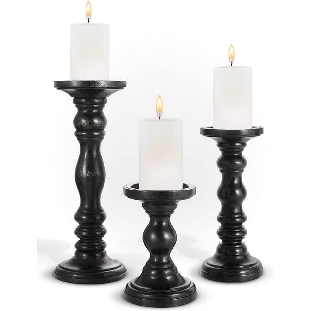 LuxeDesigns 12'' Handcrafted Mango Wood Pillar Candle Holder Set – Rustic 3-Piece Set for LED Candles