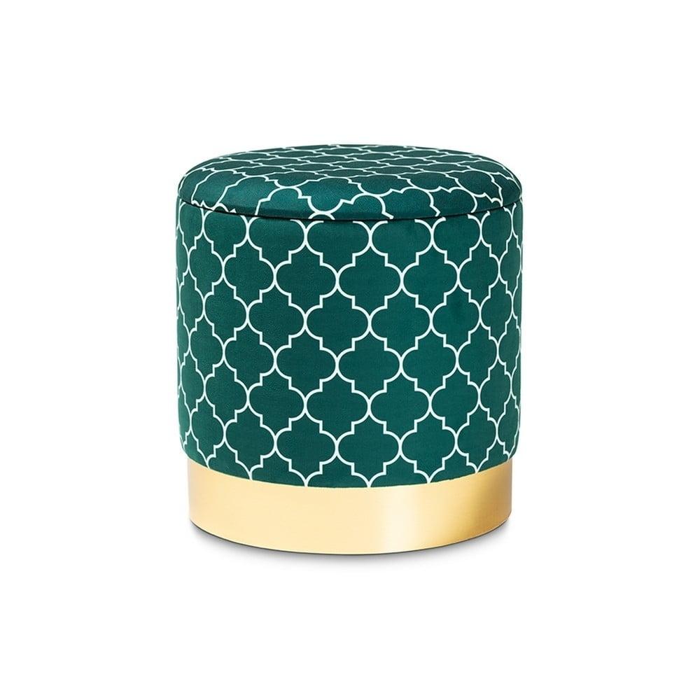 Teal Green Velvet Upholstered Gold Metal Storage Ottoman