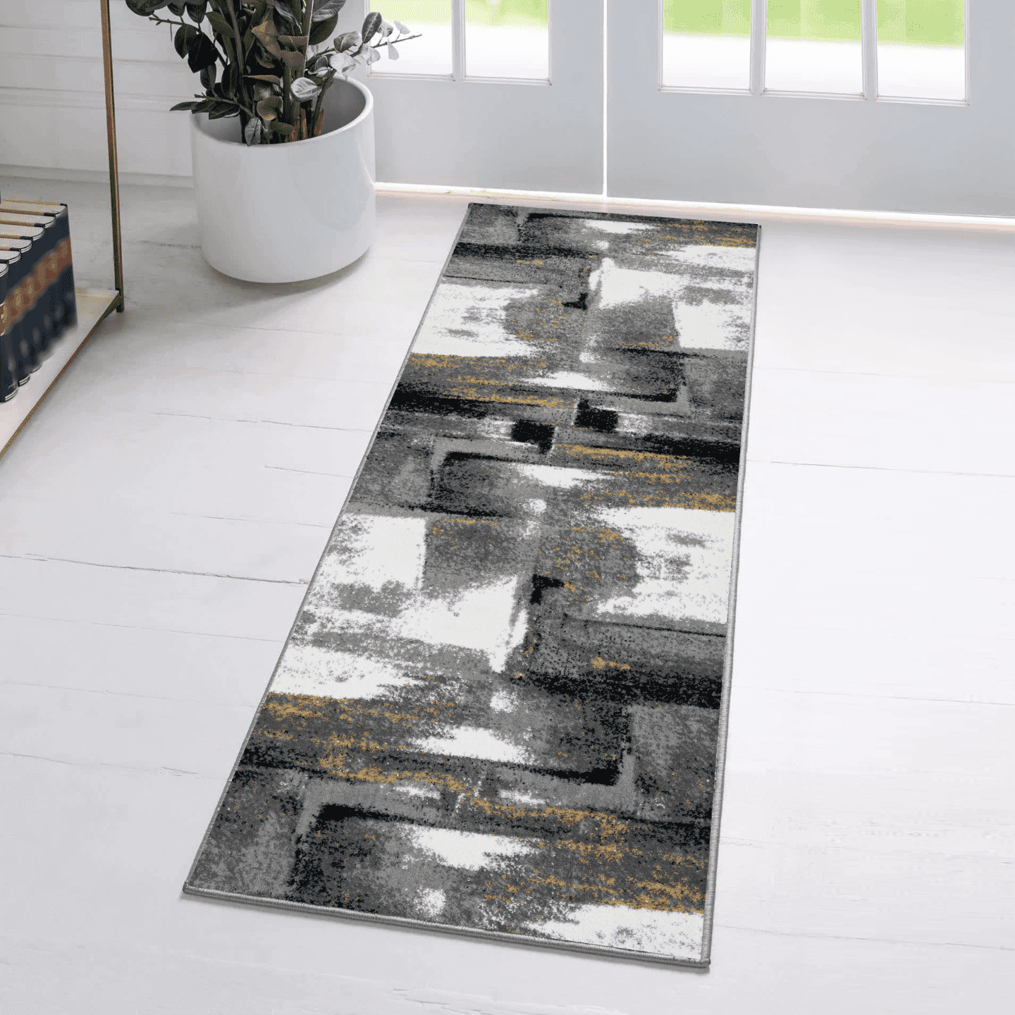 Gray 2x7 Abstract Brushstrokes Stain-Resistant Area Rug