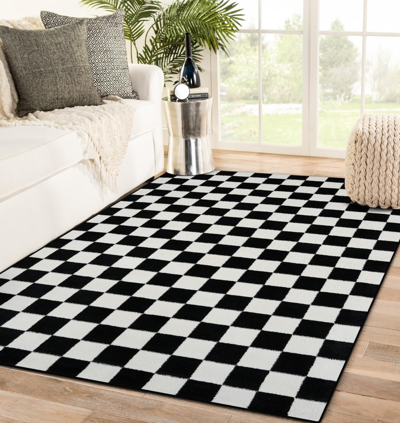 Black and White Geometric Checkered Synthetic Area Rug