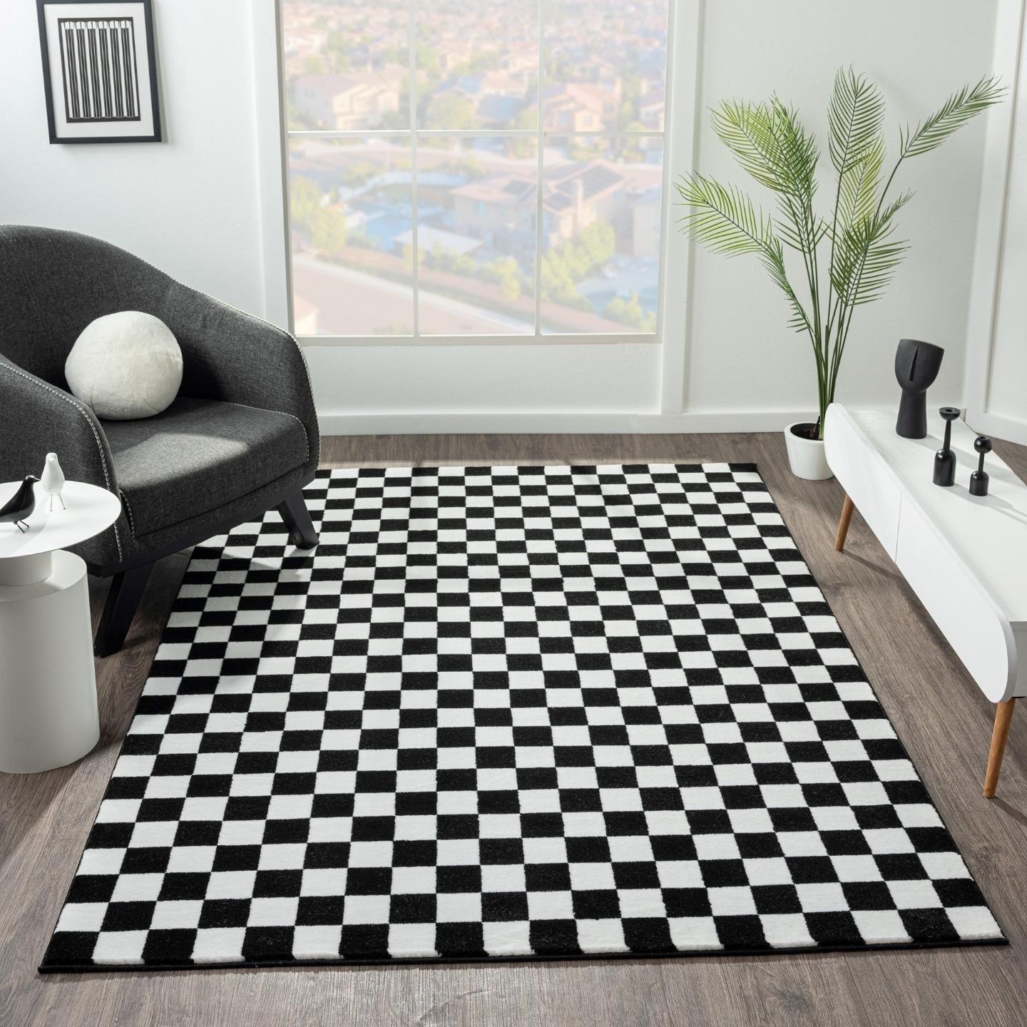 Gertmenian Crystal Print Checkered Modern Contemporary Black White Washable Flat Pile Indoor Area Rug