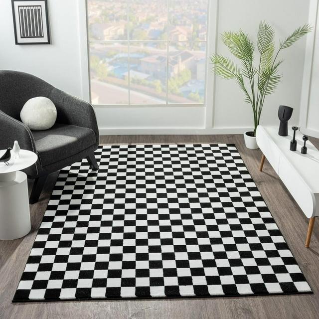 Gertmenian Crystal Print Checkered Modern Contemporary Black White Washable Flat Pile Indoor Area Rug