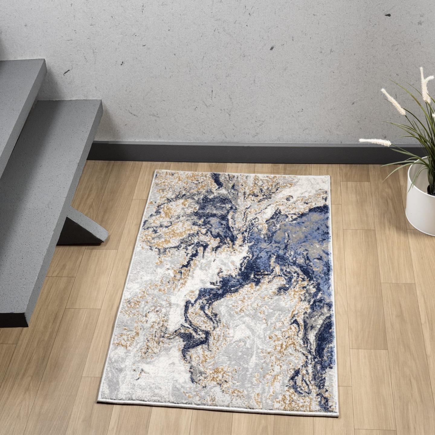 Modern Abstract Blue Gray Gold Area Rug