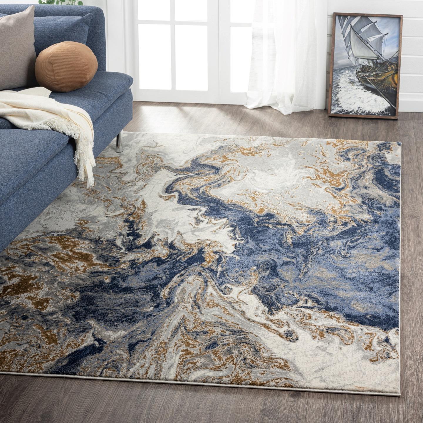 Blue and Gold Abstract Marble 5' x 7' Synthetic Area Rug