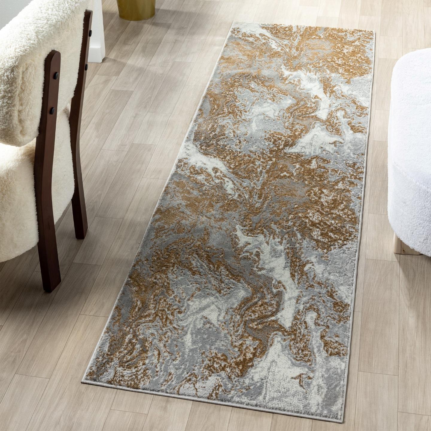 Gray and Gold Marble Swirl Abstract Area Rug